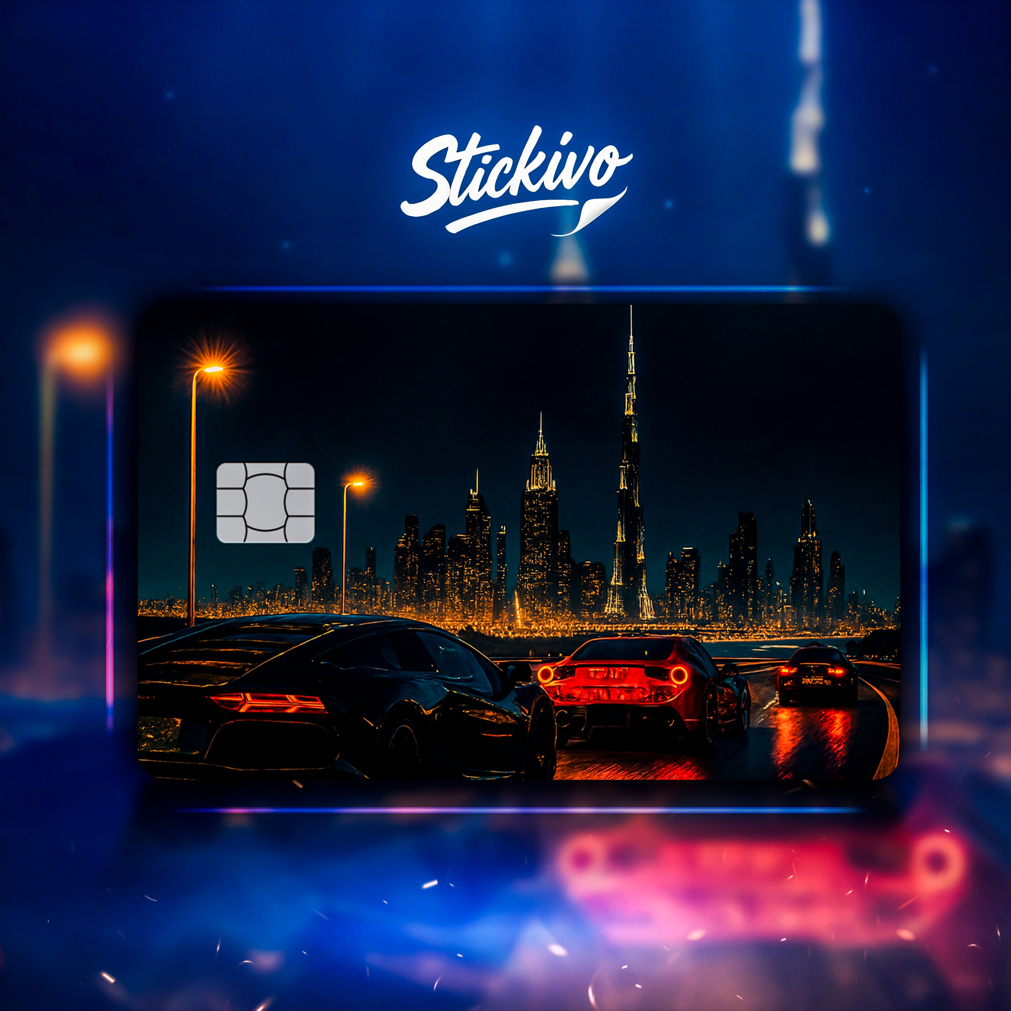 Card skins featuring supercars, DRL headlights, neon roads, and night-drive automotive designs.