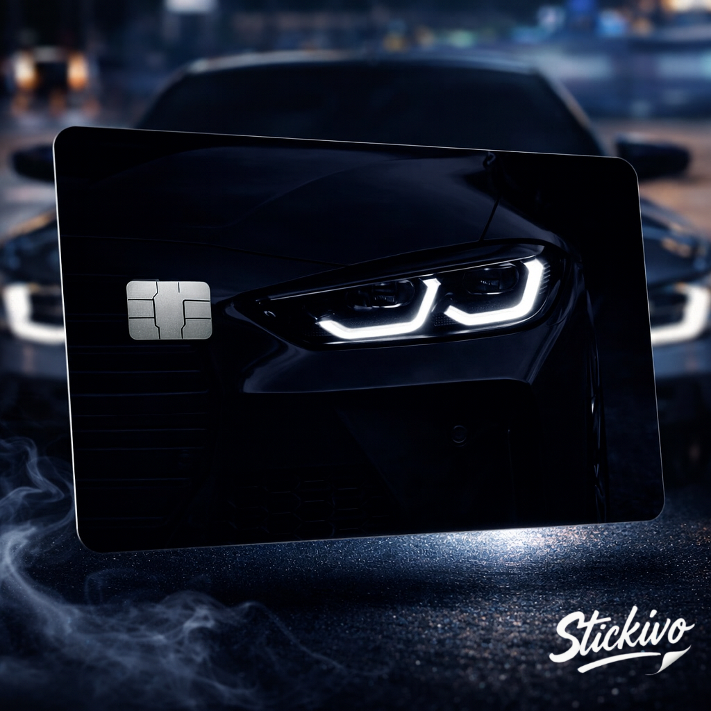 Car headlight design on a credit card with a blurred car in the background