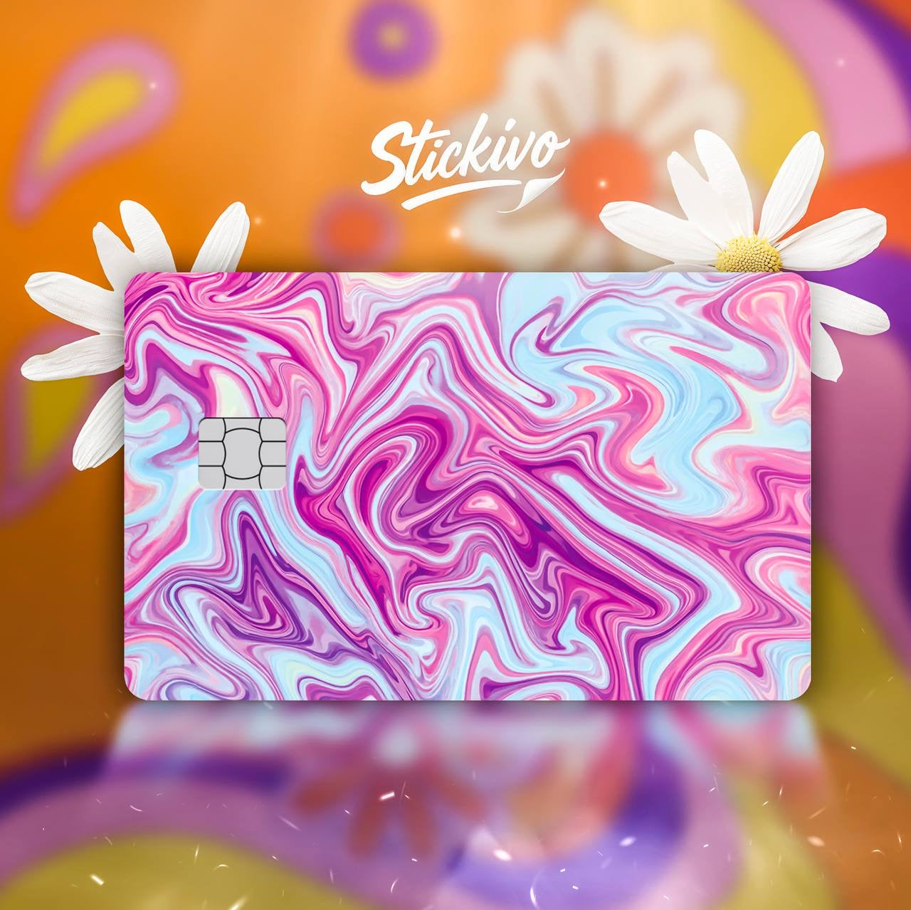 Card skin featuring a colorful fluid-art design with abstract background.
