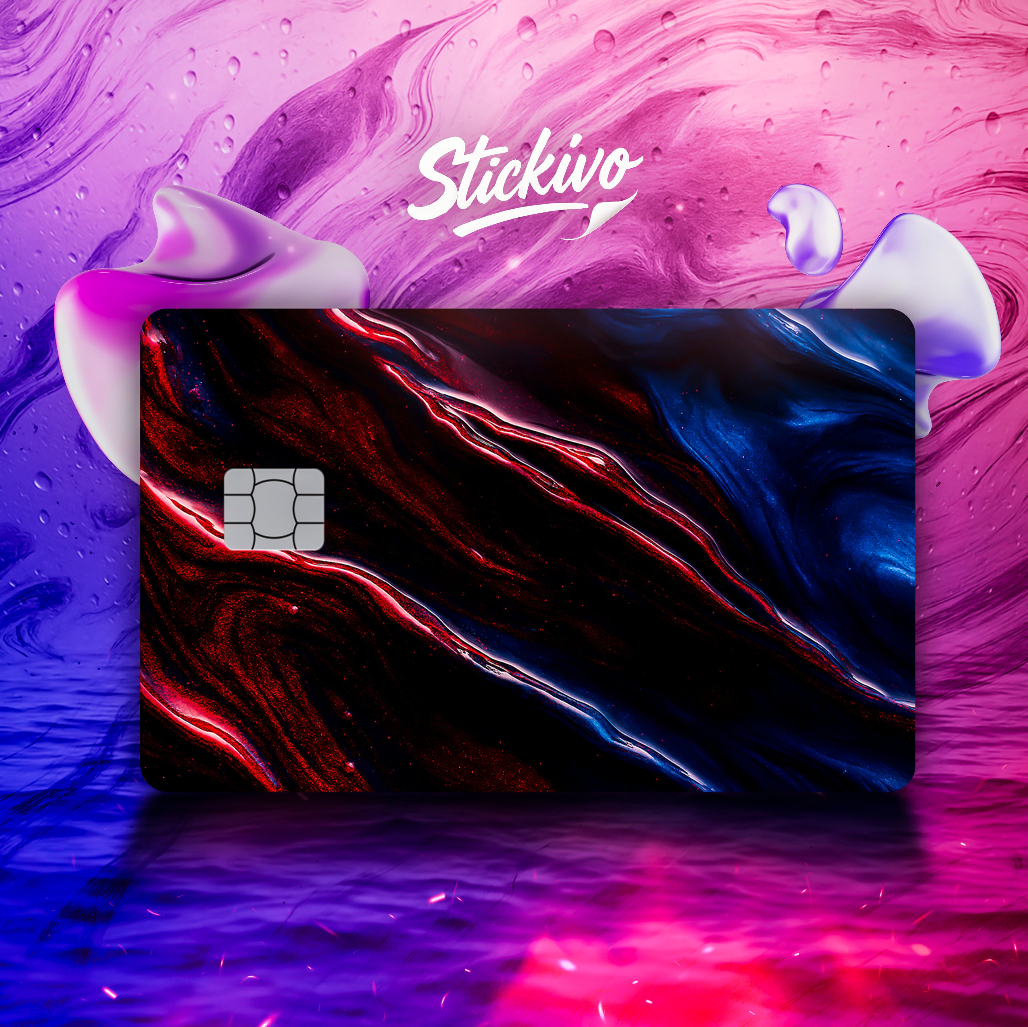 Card skin featuring a red and blue cosmic fluid-art design with flowing abstract streaks.