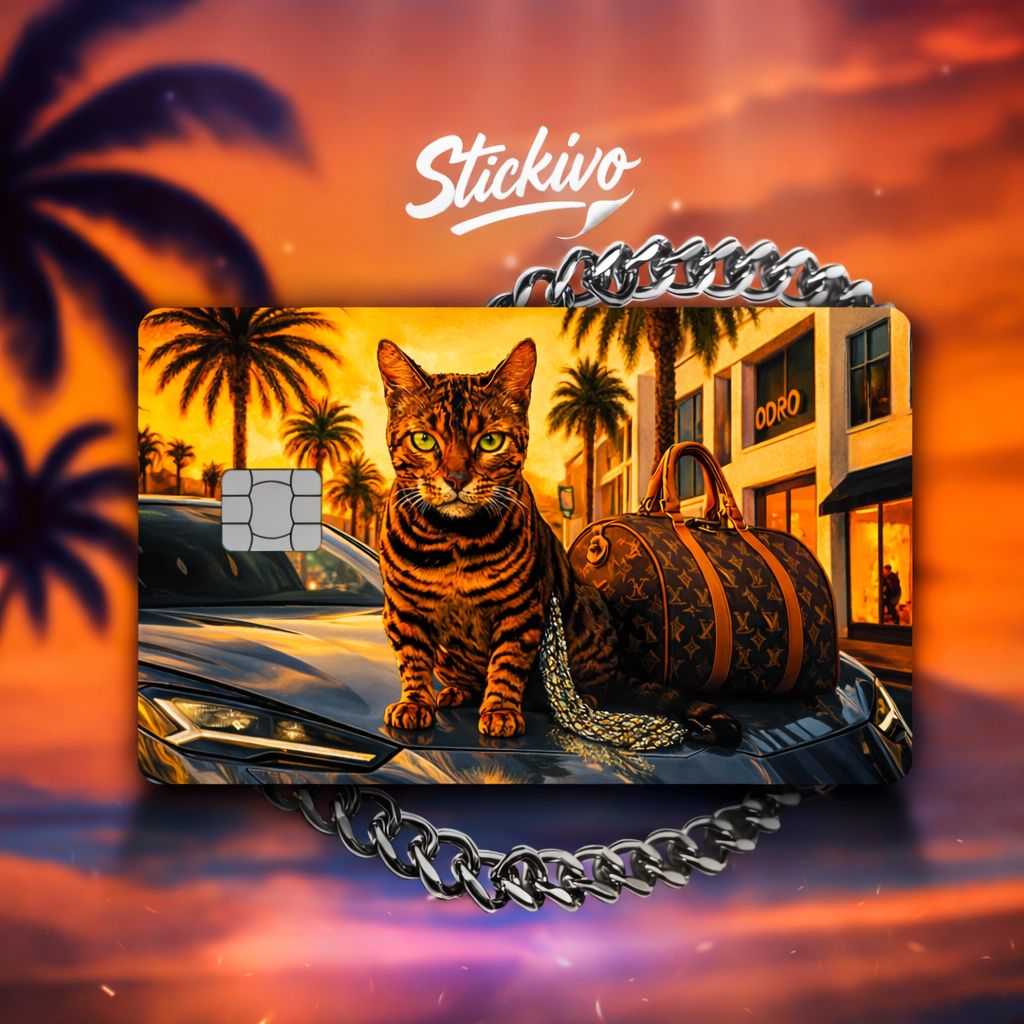 Card skin with a stylish cat sitting on a car surrounded by palm trees and luxury accessories — Beverly Hills aesthetic.