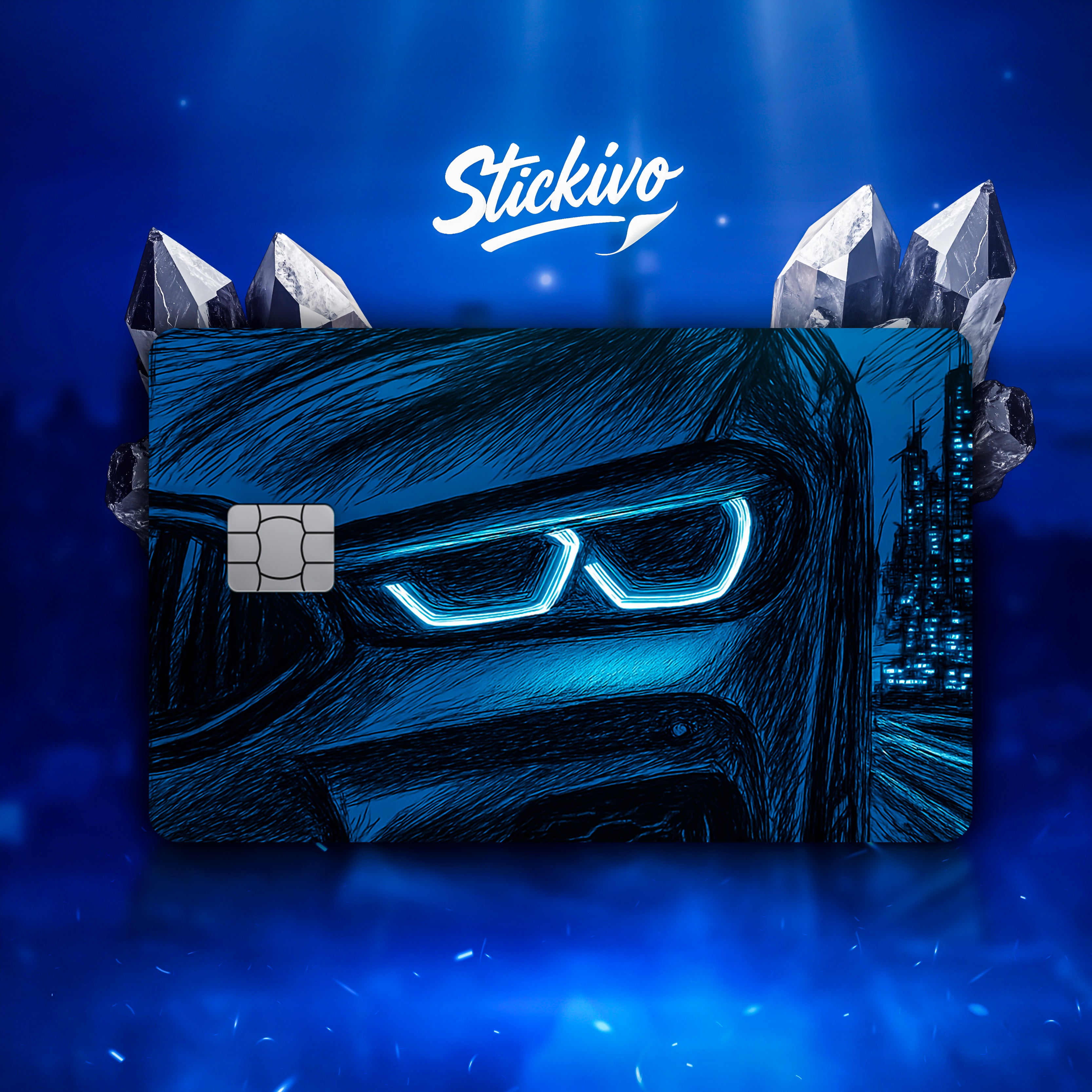 Card skin featuring a stylized close-up of blue DRL headlights with a futuristic city background.