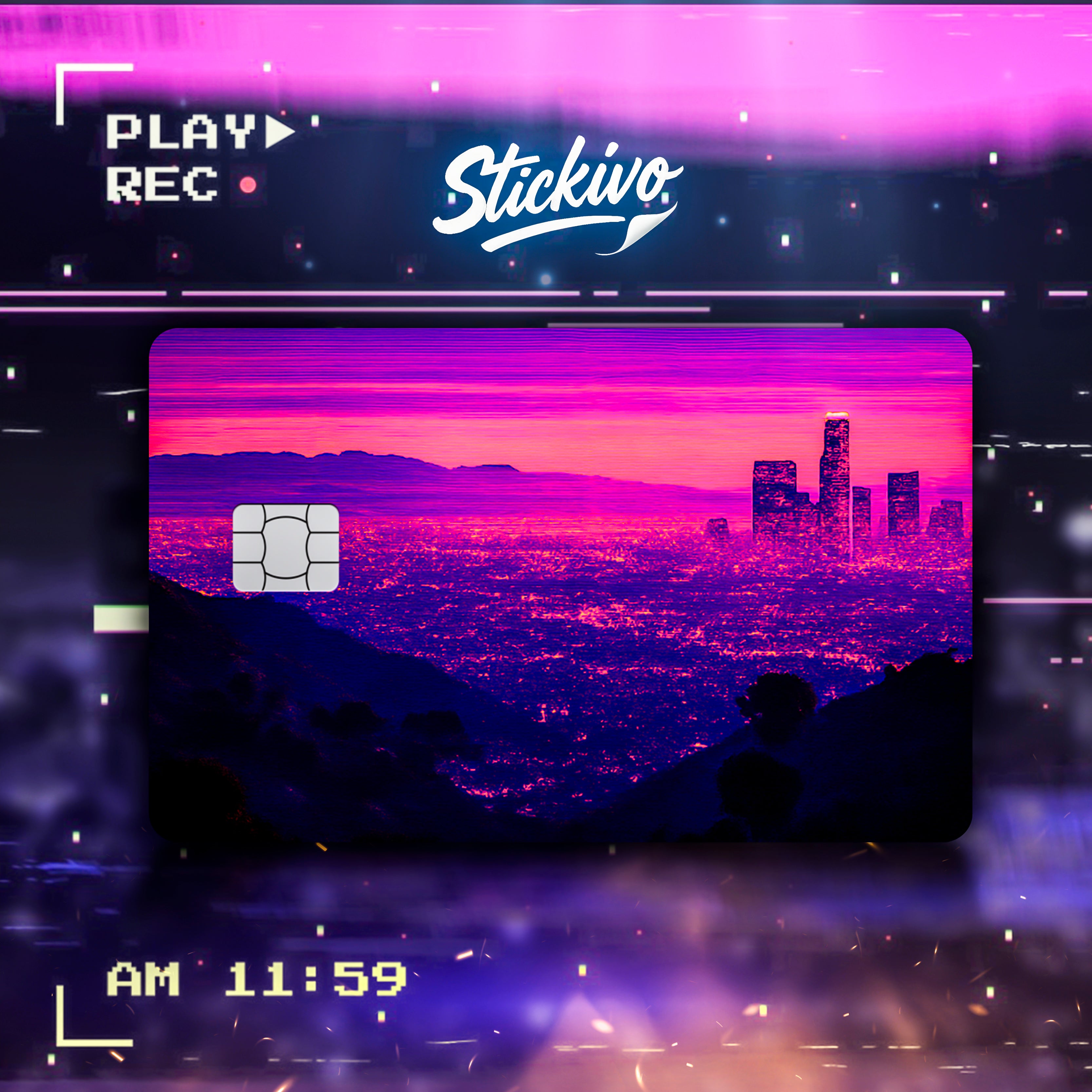 Card skin with a neon Los Angeles skyline in vivid pink and purple tones, VHS recording overlay, glowing city lights.