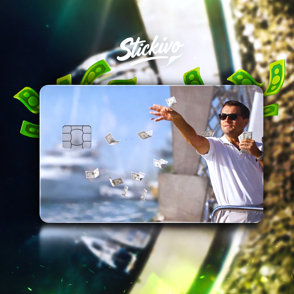 Card skin showing a man on a yacht throwing money into the air — luxury, money-themed design.