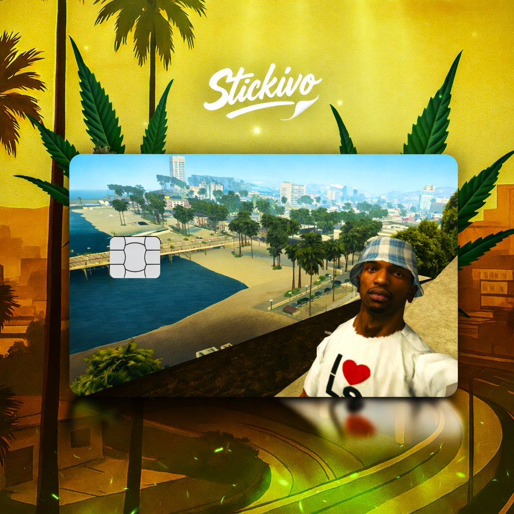 Card skin with a person standing before a coastal city skyline with palm trees — urban gaming aesthetic.